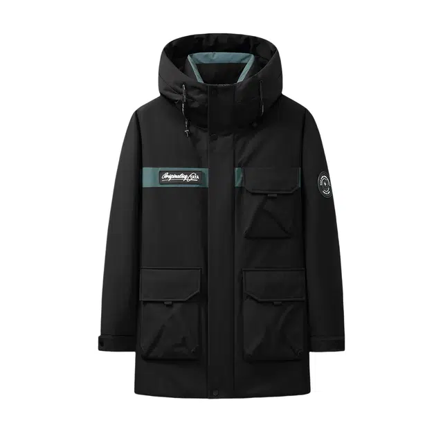 鸭鸭 山系户外风工装多口袋插色拼接立体滴塑休闲宽松连帽套头羽绒服 男女同款