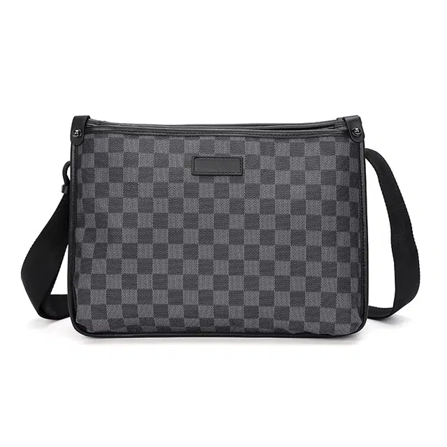 老人头 时尚潮流棋盘格 合成革 单肩包 男款 黑色