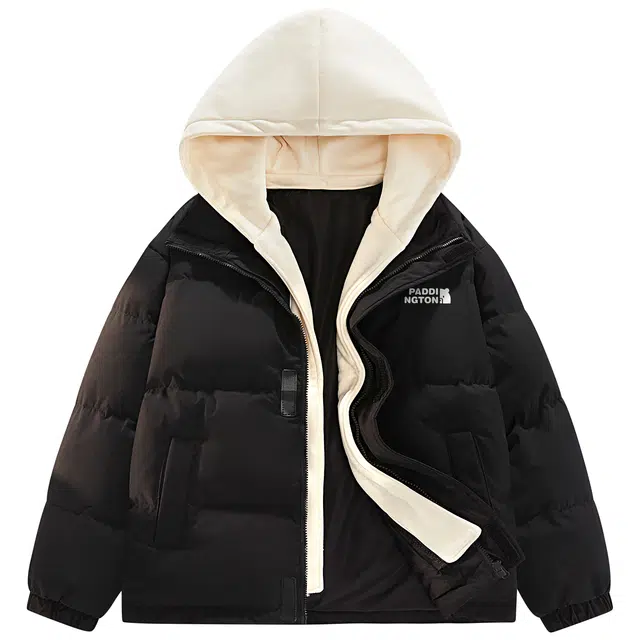 帕丁顿熊 假两件连帽撞色拼接简约纯色小熊印花宽松休闲防风面包服防寒保暖加厚羽绒服 男女同款