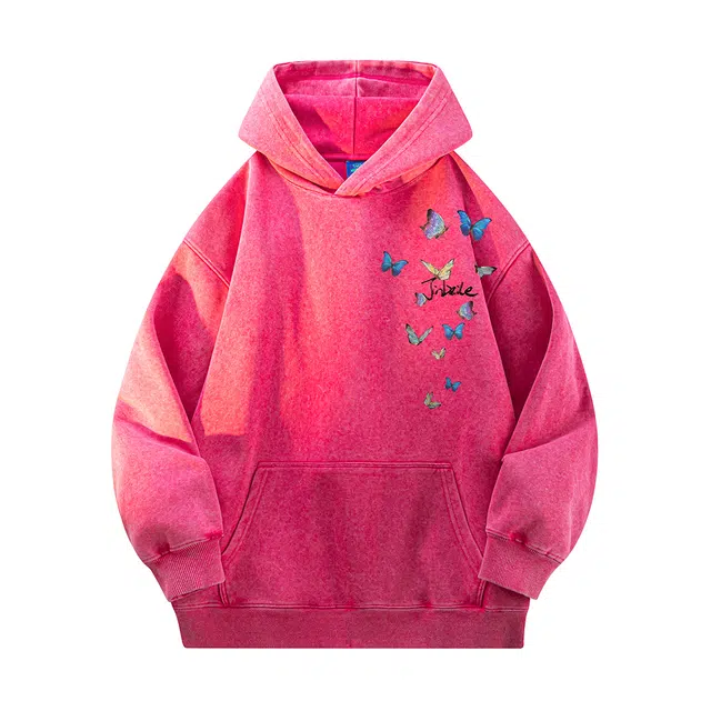 金贝勒 美式复古高街风水洗做旧梦幻蝴蝶印花上衣街头潮牌宽松休闲百搭舒适日常通勤痞帅连帽长袖卫衣 男女同款