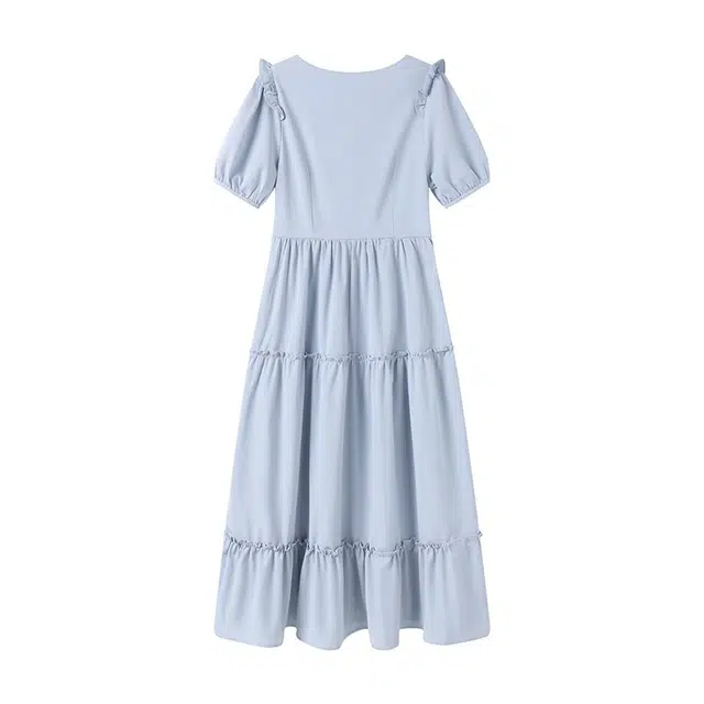 古莲菲 高级感气质拼接小清新温柔风初恋裙短袖连衣裙 女款 蓝色