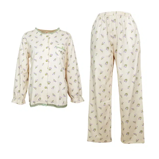 芬腾 家居服韩版开衫长袖长裤可外穿舒适透气睡衣套装 女款 米色