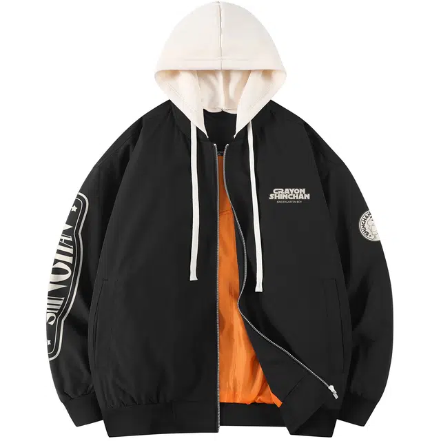 蜡笔小新 撞色卡通小新字母印花休闲可拆卸连帽拉链宽松夹克外套 男女同款