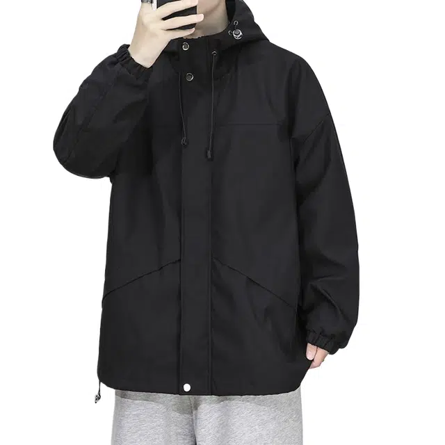 玉儿恋  美式户外休闲纯色连帽潮牌宽松拉链  防水冲锋衣 男款