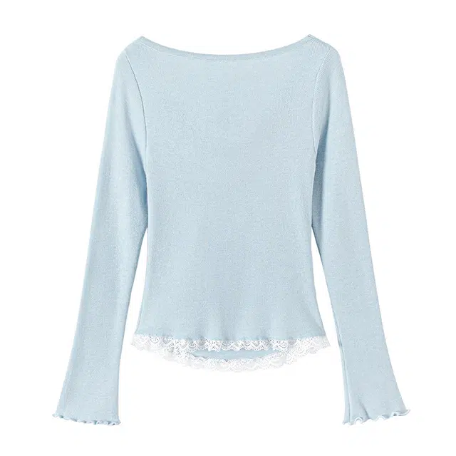她池 捏褶内搭打底衫蕾丝边优雅长袖针织衫 女款 浅蓝色