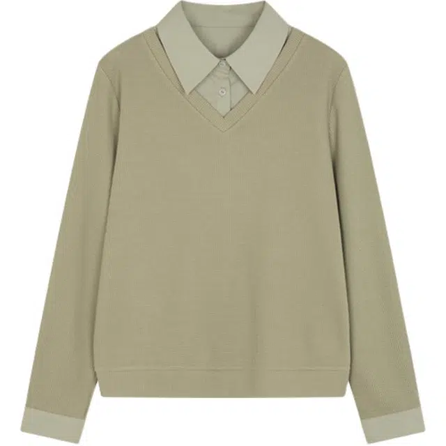 沫晗依美 假两件套头长袖卫衣 女款 绿色