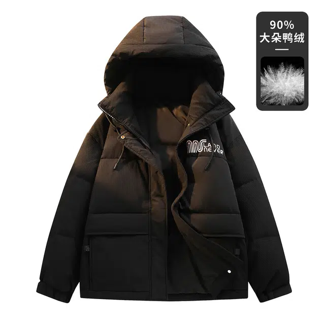 鸭鸭 加厚保暖休闲宽松刺绣字母拼接撞色简约立领连帽羽绒服 男女同款