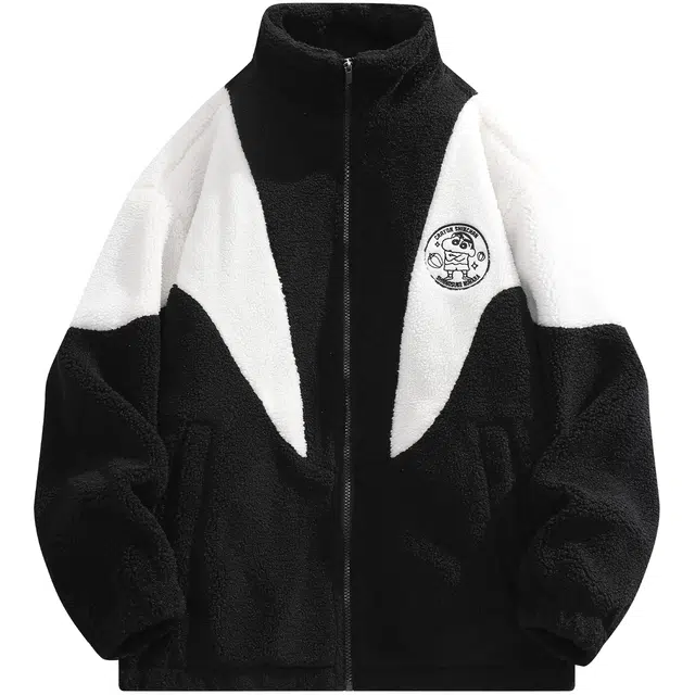 蜡笔小新 拼色字母卡通动漫徽标刺绣保暖立领休闲宽松绒感外套 男女同款