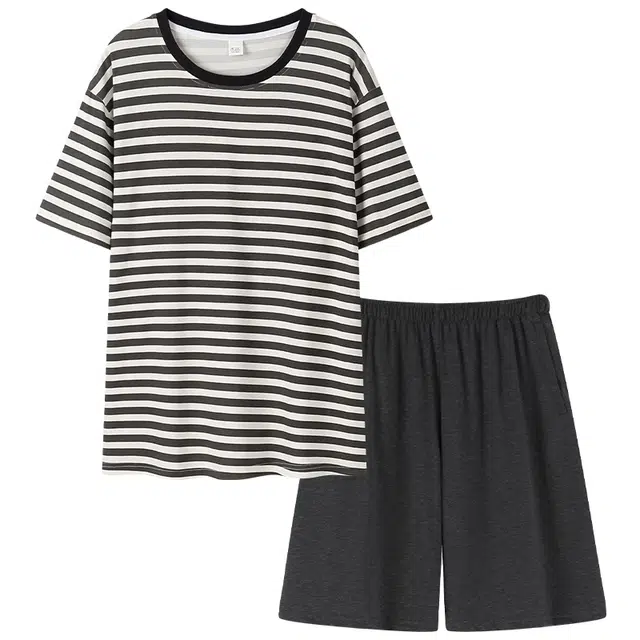 乐姿韵 舒适简约条纹柔软圆领短袖五分裤睡衣套装 男款 黑色