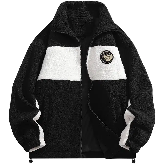 蜡笔小新 拼接撞色卡通小新徽标保暖加厚休闲宽松立领羊羔绒感外套 男女同款