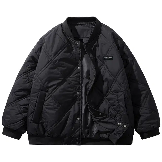 帕丁顿熊 菱形格飞行员夹克基础纯色简约宽松休闲棒球领保暖加厚棉服 男女同款