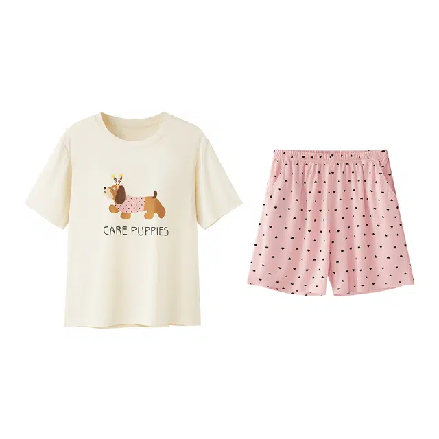 森马 带胸垫家居服圆领可外穿休闲舒适简约柔软透气清新可爱短袖睡衣套装 女款