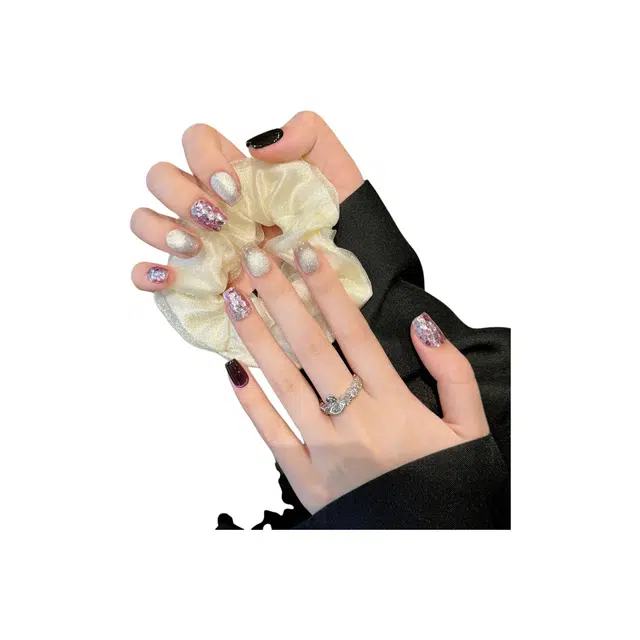 韵月乔 星黛清冷贵气感  穿戴甲 杏仁短短梯紫色纯色 亮片