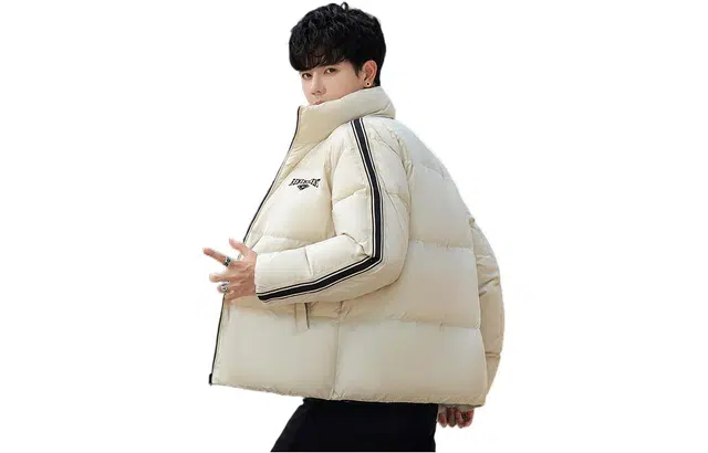 鸭鸭 条纹立领休闲宽松羽绒服 男款