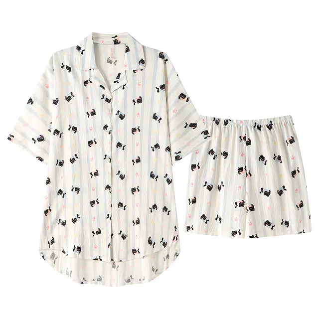 宫蝶 柔软休闲卡通满印短袖家居服可外穿开衫睡衣套装 女款 白色