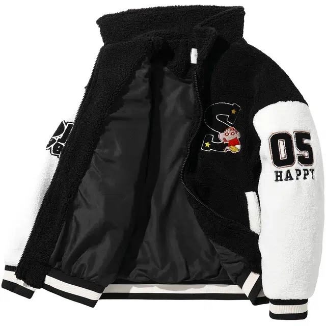 蜡笔小新 撞色趣味卡通字母印花加厚保暖翻领休闲绒感外套 男女同款