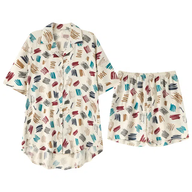 宫蝶 蝙蝠袖柔软短袖家居服休闲满印可外穿睡衣套装 女款 杏色