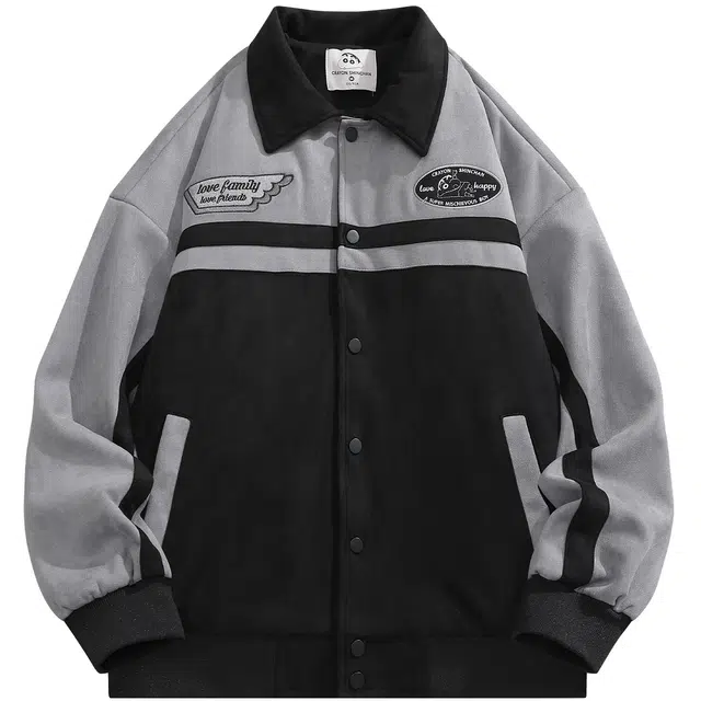 蜡笔小新 撞色麂皮卡通小新字母印花休闲宽松翻领夹克外套 男女同款