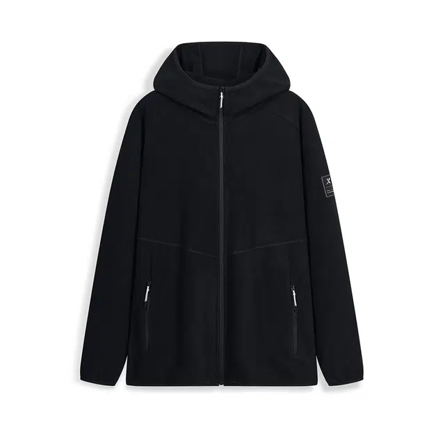 特步摇粒绒保暖针织连帽上衣绒感外套 男款