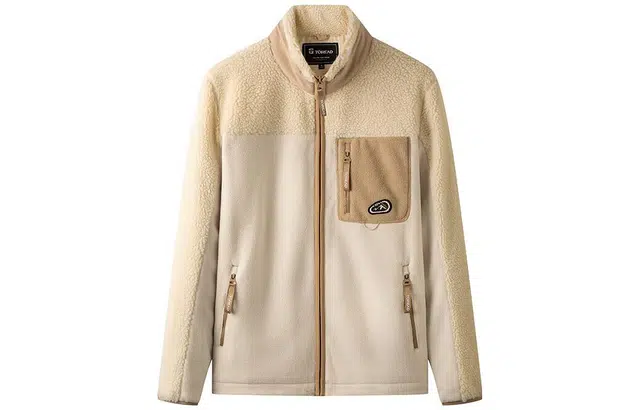 探路者 拼色保暖开衫立领长袖绒感外套 男女同款 米色