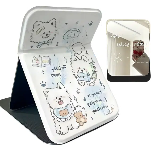 繁花森林 萨摩耶卡通小狗化妆镜学生宿舍可爱镜高清折叠随身便携桌面梳妆镜补妆镜