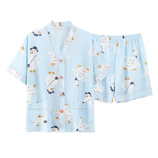 莫代尔 亲肤休闲细腻轻薄时尚舒适开衫甜美短袖居家服睡衣套装 女款 天蓝色