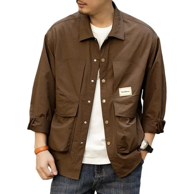 格蓝鹿 大口袋微弹弹力宽松工装上班长袖衬衫 男女同款 咖色