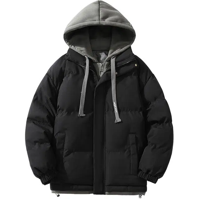 极限涡轮 百搭撞色假两件宽松连帽面包服小设计感保暖厚款柔软棉服 男女同款