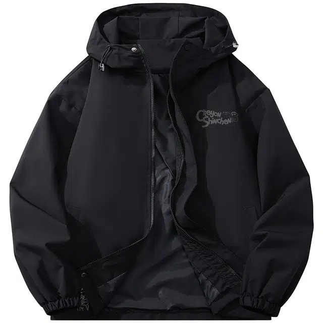 蜡笔小新 户外运动防风卡通字母印花休闲宽松可调节连帽夹克外套 男女同款