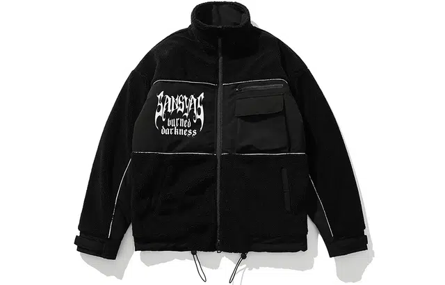 木村三社 哥特字母印花纯色拼接绒感外套 男女同款 黑色