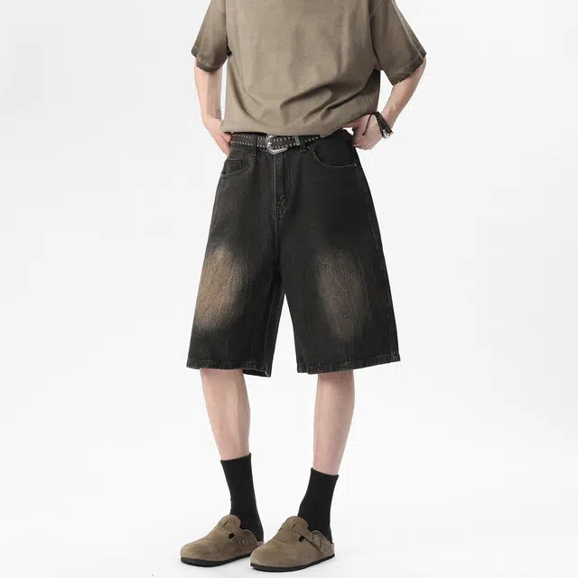 哲源 美式高街水洗做旧重工五分裤潮牌复古高街直筒裤子潮牌宽松垂感高街牛仔短裤 男女同款