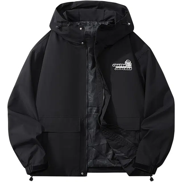 蜡笔小新 户外休闲运动卡通字母印花防风工装宽松连帽夹克外套 男女同款