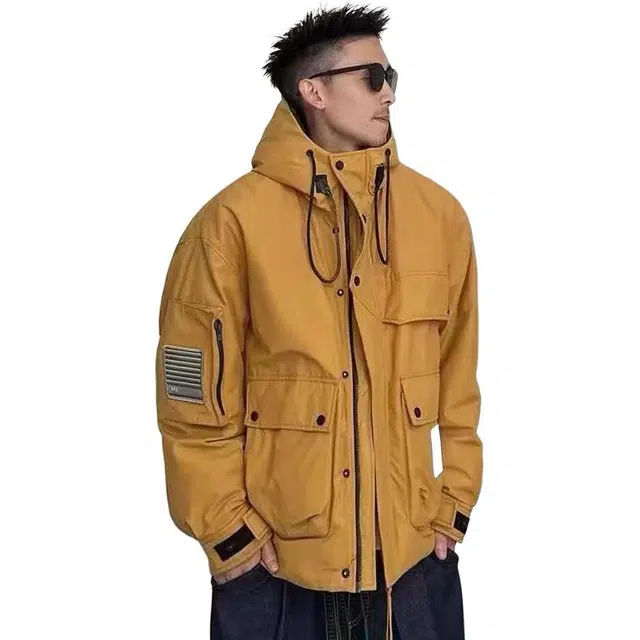 极限涡轮 潮流撞色连帽工装休闲宽松棉服 男女同款 黄色