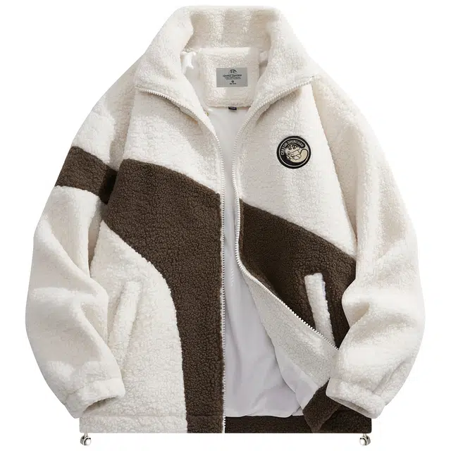 蜡笔小新 撞色弧线拼接卡通小新徽标保暖加绒加厚休闲宽松立领羊羔绒绒感外套 男女同款