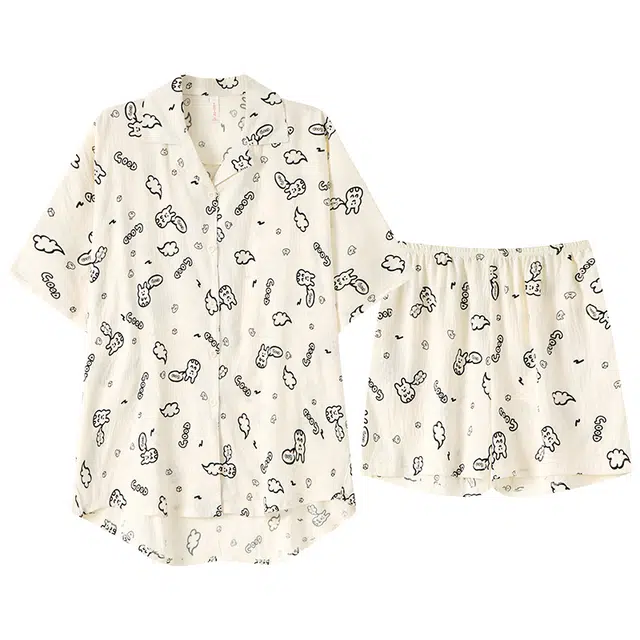 宫蝶 柔软家居服休闲卡通满印可外穿蝙蝠袖开衫睡衣套装 女款 奶白色