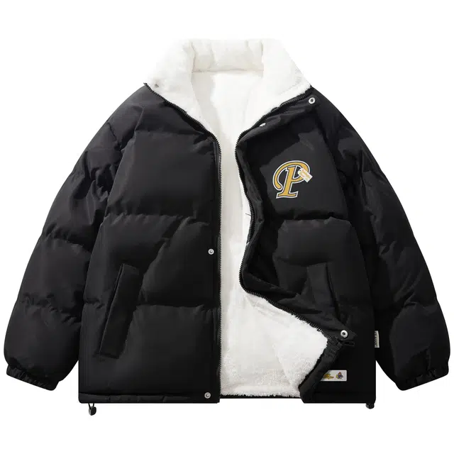 帕丁顿熊 美式复古字母小熊印花宽松休闲羊羔毛加绒加厚保暖面包棉服 男女同款