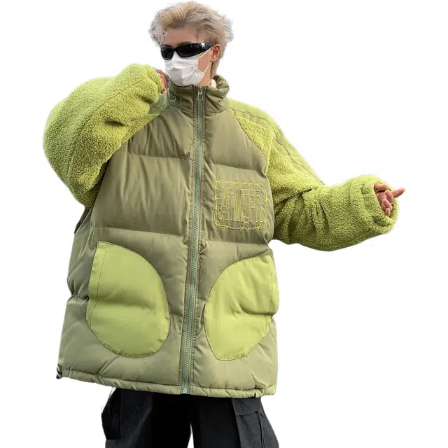 极限涡轮 美式潮流痞帅羊羔毛纯色拼接加绒加厚宽松保暖时尚设计高街美式街头时尚百搭款式痞帅休闲棉服 男女同款