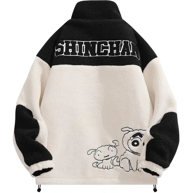 蜡笔小新 双面穿羊羔绒卡通字母小标加厚保暖翻领休闲宽松棉服 男女同款