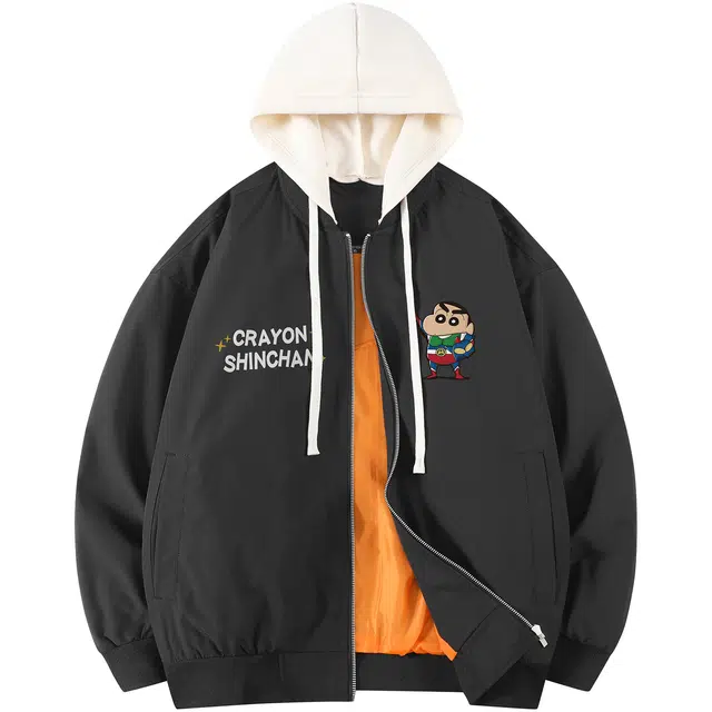 蜡笔小新 卡通动漫字母印花休闲宽松连帽夹克外套 男女同款