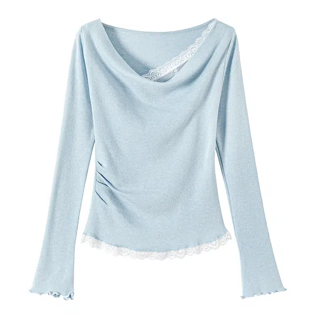 她池 捏褶内搭打底衫蕾丝边优雅长袖针织衫 女款 浅蓝色