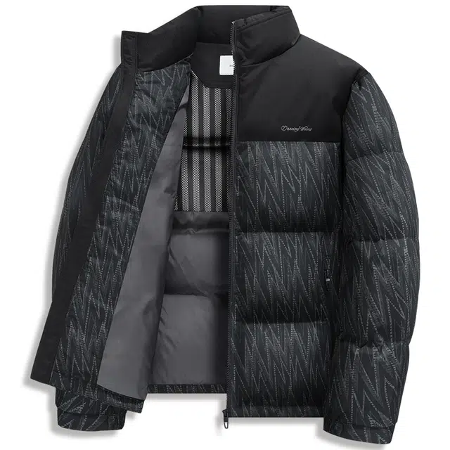 与狼共舞 高蓬松高暖潮流时尚满印老花鸭绒保暖立领羽绒服 男款 黑色