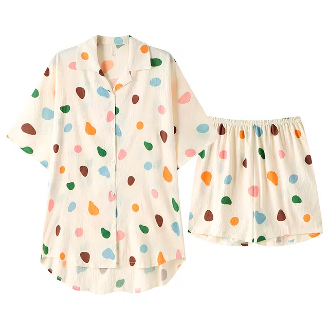 宫蝶 柔软短袖家居服休闲满印可外穿蝙蝠袖开衫睡衣套装 女款 杏色