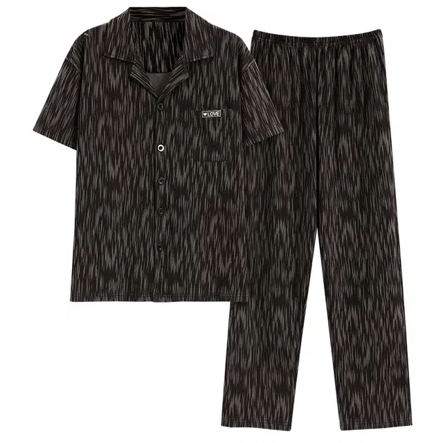 莫代尔 舒适轻柔细腻翻领百搭短袖上衣可外穿家居服长裤睡衣套装 男款 黑色