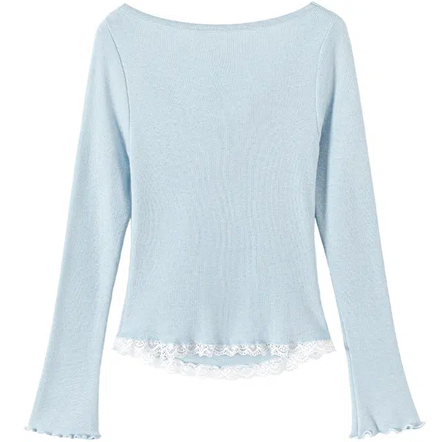 她池 捏褶内搭打底衫蕾丝边优雅长袖针织衫 女款 浅蓝色