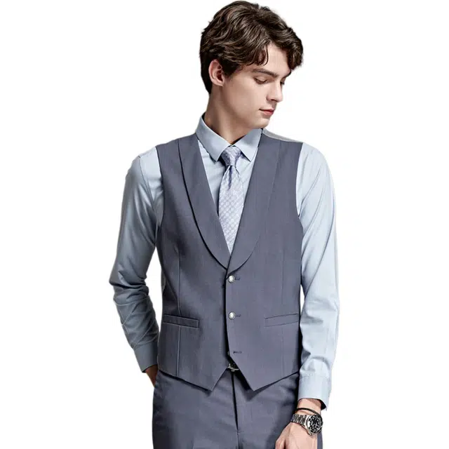 迪柯尼 意式时尚休闲纯色单排扣马甲 男款 灰蓝