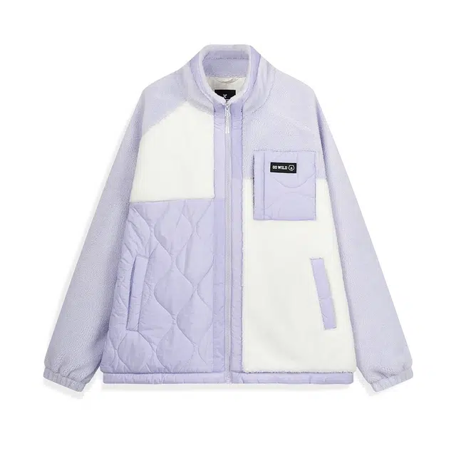 特步拼接撞色针织上衣绒感外套 男女同款