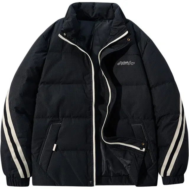 鸭鸭 加厚保暖鸭绒撞色条纹织带休闲宽松立领无帽无性别面包服暗黑羽绒服外套 男女同款