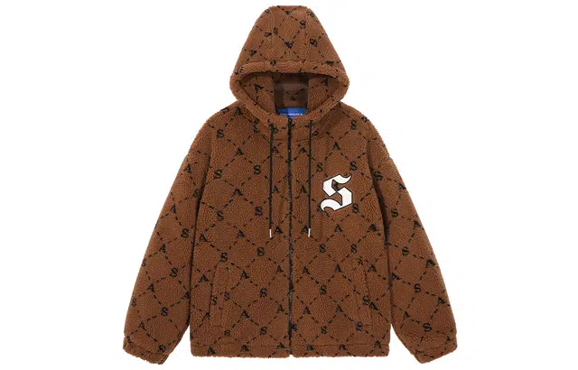 SWAMP AREA Letter Applique Sherpa Hoodie Jacket