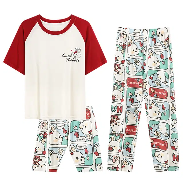 莫代尔 外出可穿大码居家服短袖上衣亲肤休闲简约短裤柔软舒适透气长裤睡衣套装 女款 杏色