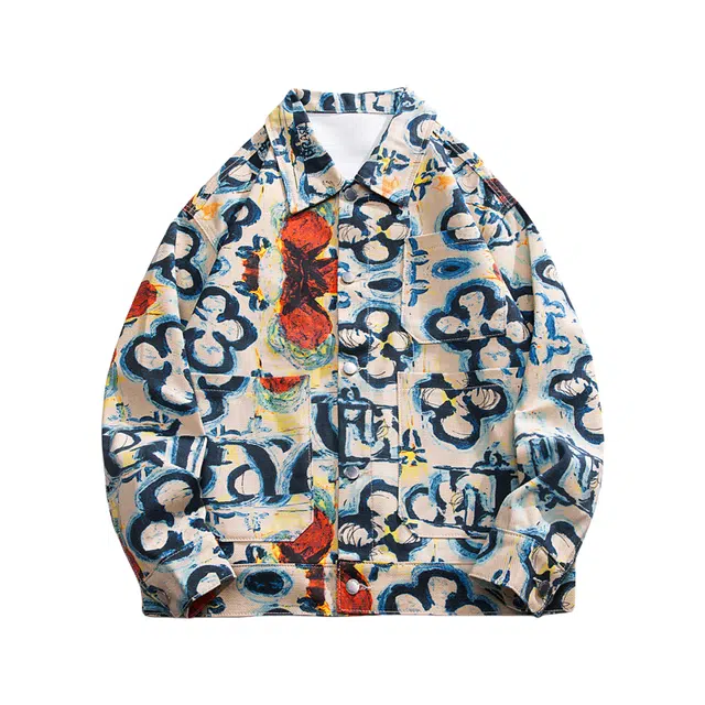 雅鹿 满印复古设计撞色宽松翻领男装休闲夹克 男女同款 米黄